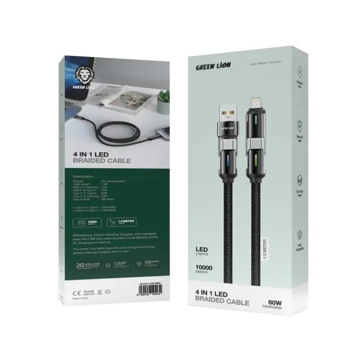 Green Lion 4-in-1 LED Braided Fast Charging Cable 60W