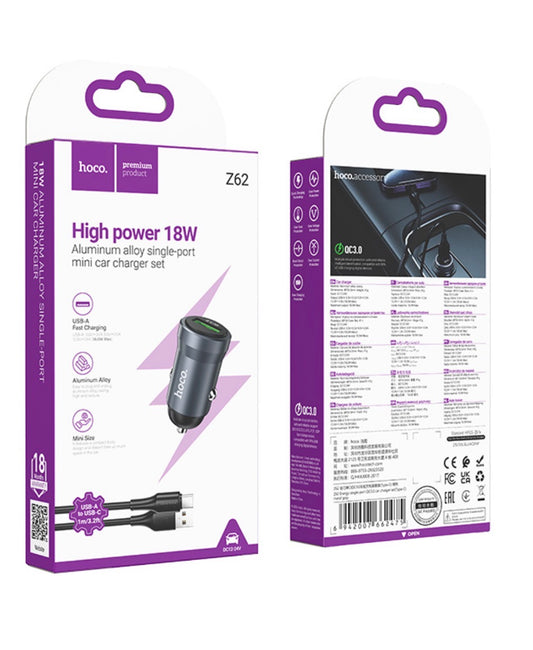 Hoco Z62 18W Fast Car Charger Set (USB-A to USB-C)
