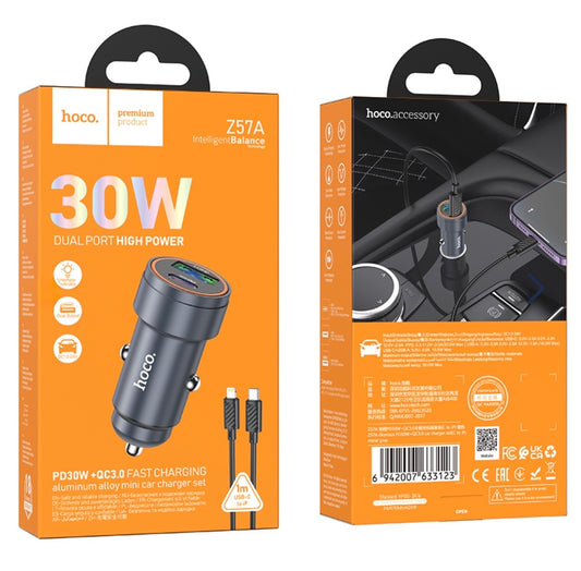 Hoco Z57A 30W Fast Car Charger Set (USB-C to Lightning)