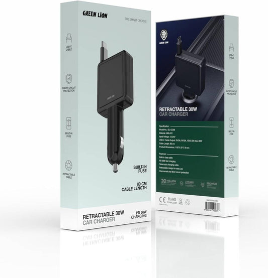 Green Lion Retractable 30W PD Car Charger with Built-in USB-C Cable